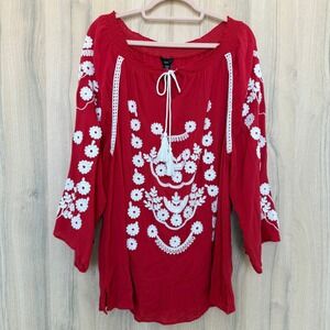 Intro Embroidered‎ Peasant Top Red Size 2X Boho